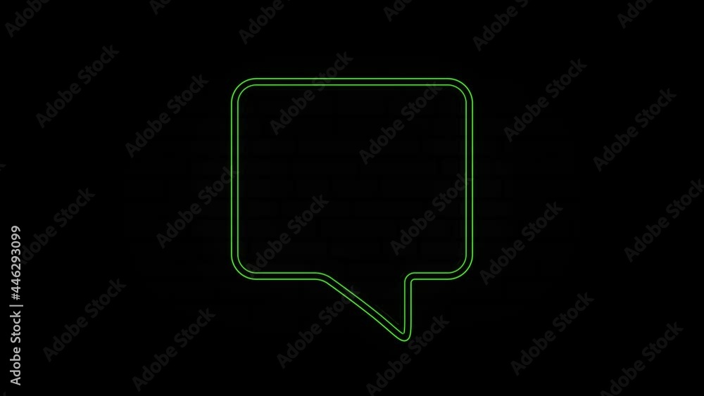 Poster glowing green neon line speech bubble chat icon isolated on black background. message icon. communic