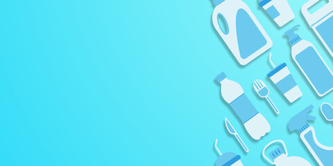 Fototapeta premium Disposable plastic. Copy space. Flat lay. Bottle, glass, spoon, knife, canister, spray. Light on the right. Flat style items on the right. Color maldives background. Vector design.
