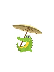 crocodile sunbathing with umbrella