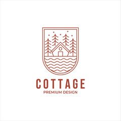 Naklejka premium cottage riverside with pine tree at night time line art logo vector design