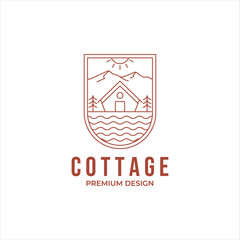 cottage riverside with pine tree and mountain at daytime line art logo vector design