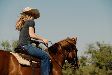 Western lifestyle portrait of woman cowgirl riding horse during summer, copy space on background for equestrian horsemanship concept of industry.