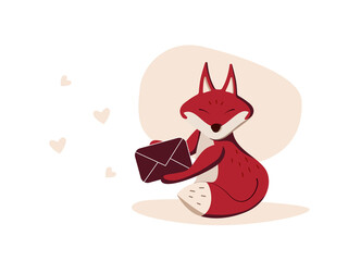 Cute fox holding a love letter, heart in the sky. Love card. Vector illustration.