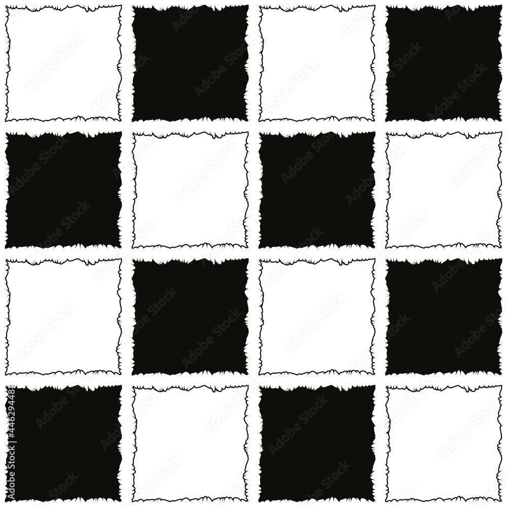 Poster Torn checker ornament. Vector black and white patches decorative pattern.