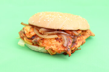 Chicken fillet burger behind green screen