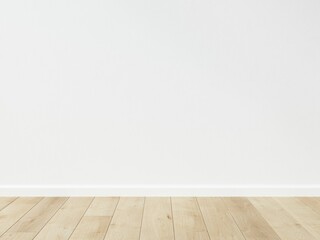 Empty room interior. View of wooden parquet flooring and white flat wall. Template for presentation of your product. 3D illustration.