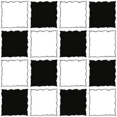 Torn checker ornament. Vector black and white patches decorative pattern.