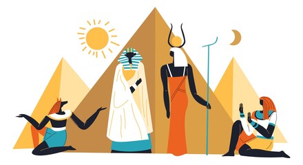 Obraz premium Egyptian pyramids, sun and ancient deities vector