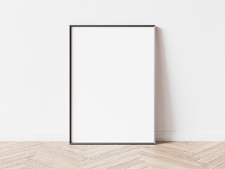 Empty white vertically oriented rectangular thin lined exhibition background standing on wooden floor leaning on white wall. 3D illustration.