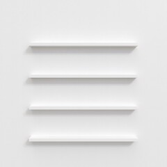 Four empty white floating shelves above each other on white wall. Place for your products. 3D illustration. © Washdog