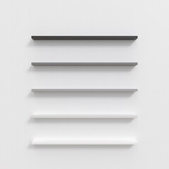 Set of five empty floating shelves mounted on white wall. Gray scale gradient from white to black. 3D illustration.