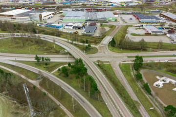 aerial view of highway and bridge