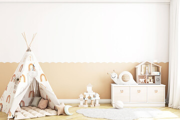 blank wall kids mockup boho, 3d rendering	