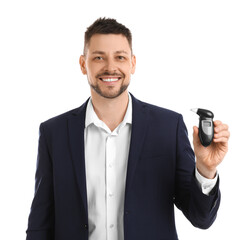 Man with modern breathalyzer on white background
