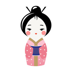 Cute Kokeshi doll in kimono. Traditional japanese souvenir. Vector kawaii kimono girl.