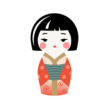 Cute Kokeshi doll in kimono. Traditional japanese souvenir. Vector kawaii kimono girl.