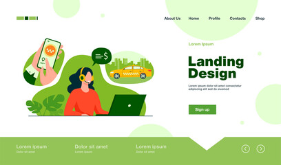 Cab online ordering process. Hands of passenger using taxi service application on cell, dispatcher in headset taking order. For mobile app, taxicab, city transport concept