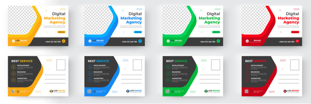 Corporate business postcard template design set with blue, yellow, red and green color. digital marketing agency postcard, business marketing postcard set, vector illustration.