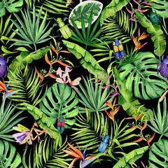 Watercolor tropical hand painted seamless pattern with leaves, branches, bags and flowers. Floral tropical background on black. Nature illustration for wrapping paper, textile, decorations.