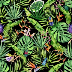 Canvas schilderij Jungle Watercolor tropical hand painted seamless pattern with leaves, branches, bags and flowers. Floral tropical background on black. Nature illustration for wrapping paper, textile, decorations.  © AnjeseAnna
