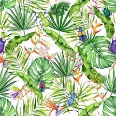 Watercolor tropical hand painted seamless pattern with leaves, branches, bags and flowers. Floral tropical background on white. Nature illustration for wrapping paper, textile, decorations.