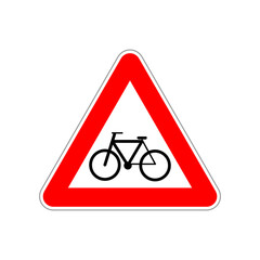 Bicycle icon on the triangle red and white road sign on white