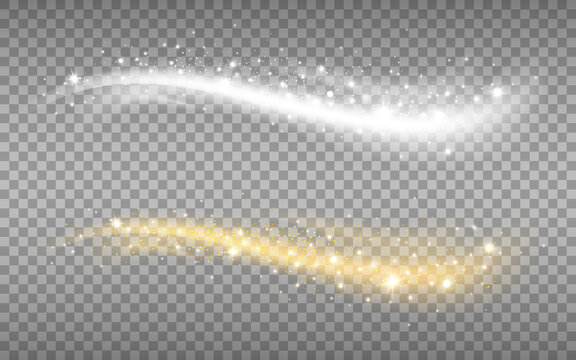 Gold and silver waves with particles. Luxury elements with glitter. Glowing light effect on transparent background for poster or brochure. Vector illustration