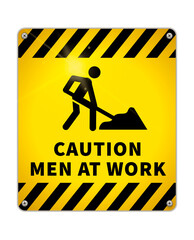 Bright Caution glossy metal plate, warning sign Men at work area with road worker icon on white