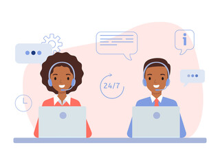 African American girl and guy wearing in headphones, the concept of a call center and online customer support.