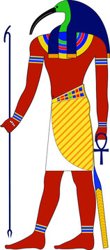 Thot antient egyptian diety, God of wisdom, magic, art, science . Man with the head of ibis holding Ankh symbol of life