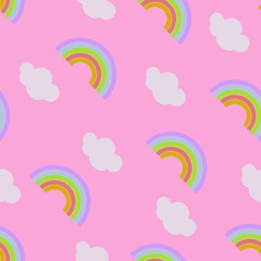 rainbow and clouds vector tile for linear patterns with pastel color palette.