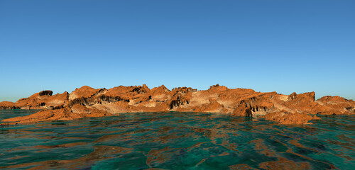 Fototapeta na wymiar Barren 3D Rendered Desert Island Landscape with Clear Sky