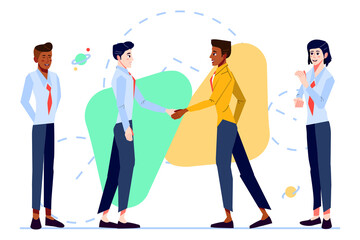 Office workers Celebrates Team success with handshake, cheering and smiling. Diverse team of business people Teamwork concept. Cartoon vector illustration.