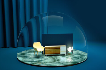 3d render of various pieces of furniture inside a transparent dome. chair, sideboard, cactus, wall. decoration