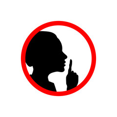 Girl face profile with hand, shhh forbidden icon on white, please keep quiet sign
