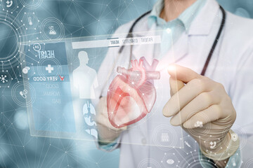 Doctor is examining the patient's heart on a blurred background.