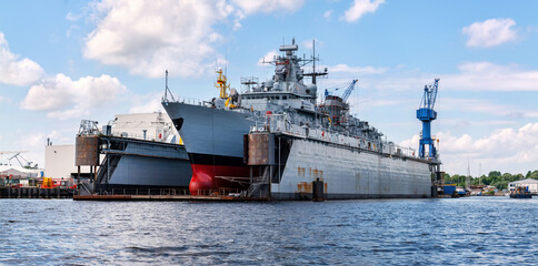 Destroyer in dry dock in harbor of Wilhelmshaven, Germany
