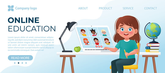 Happy cute little kid have video conference with classmates on laptop. Online school, education at home concept. Banner template. Vector illustration in cartoon 3d style