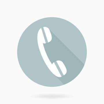 White vector telephone receiver in the light blue circle. Flat design with long shadow