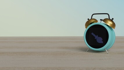 3d rendering of color alarm clock with symbol of broom on display on table