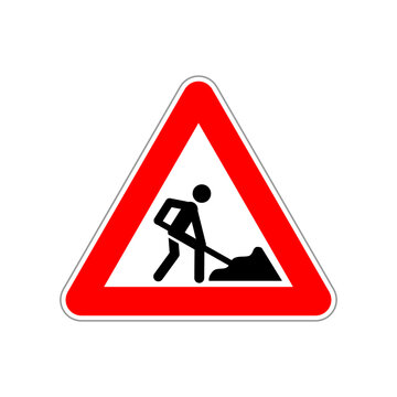 Man at work icon on the triangle red and white road sign on white