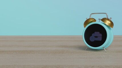 3d rendering of color alarm clock with symbol of business time on display on table