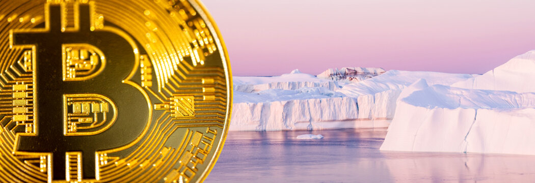 Bitcoin mining effect on climate change and environment. Cryptocurrency mining energy consumption, sustainability and impact on global warming concept image with bitcoin and melting polar icebergs
