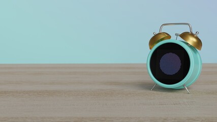 3d rendering of color alarm clock with symbol of clock on display on table