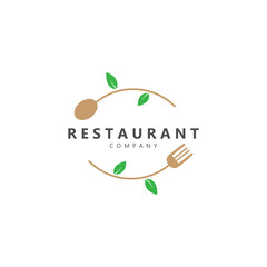 restaurant logo, with green leaf spoon and fork illustration design. symbol of natural, organic and nutritious food.