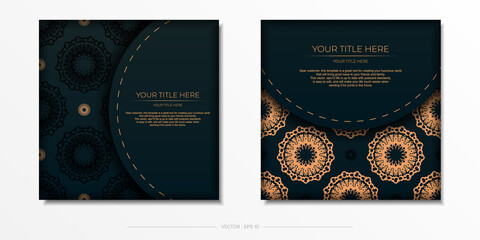 Dark green postcard template with white abstract mandala ornament. Elegant and classic vector elements ready for print and typography.