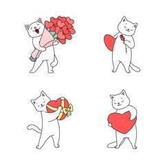 Collection of cute kittens in love. Doodle illustrations of kawaii white cats. St. Valentine day stickers set. Vector 10 EPS.