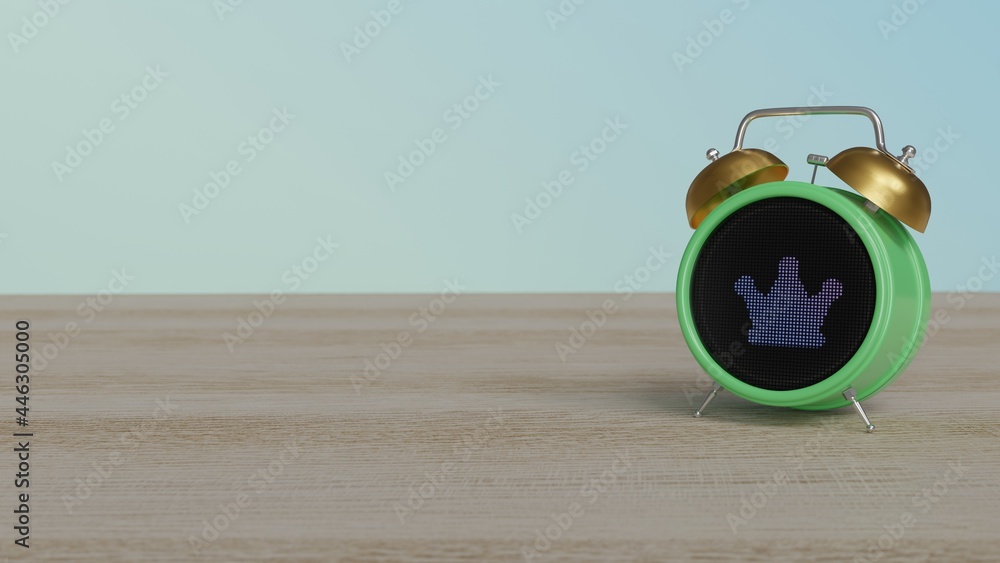 Poster 3d rendering of color alarm clock with symbol of crown on display on table