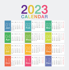 Colorful Year 2023 calendar horizontal vector design template, simple and clean design. Calendar for 2023 on White Background for organization and business. Week Starts Monday. - obrazy, fototapety, plakaty