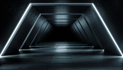 Abstract Futuristic dark corridor interior design. Future concept. 3D Rendering